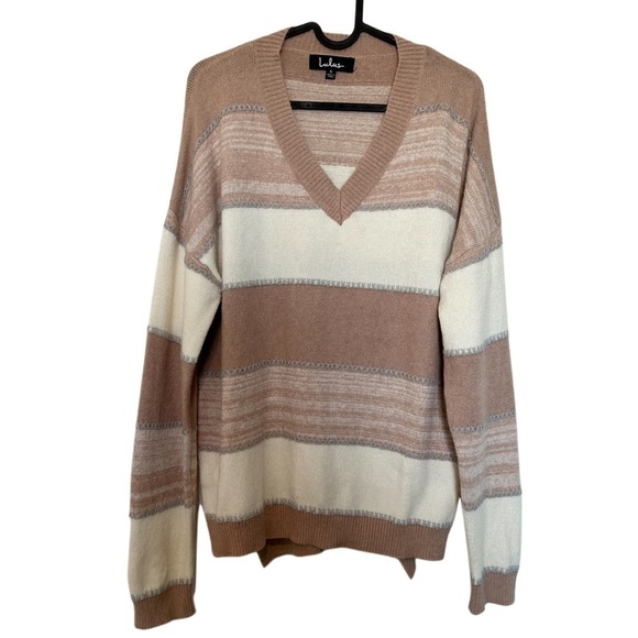 Lulu’s Find Your Happiness Tan Multi Striped V-Neck Sweater Small Wool Blend - Picture 1 of 9